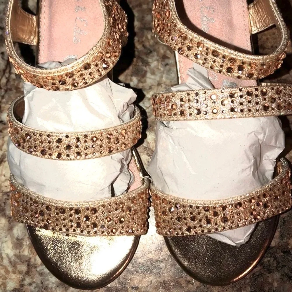 Rhea as seen on Trendy kids sz 12 rhinestone block heels champagne gold